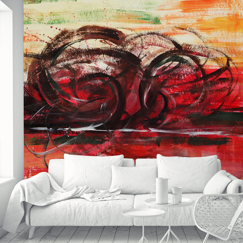 Illustration Abstract Lines Mural Black and Orange Non-Woven Wall Decor with Stain Proof Design Clearhalo 'Wall Decor' 'Wall Mural' 1172666