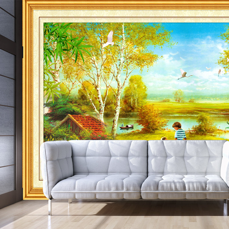 Customized Illustration Retro Wall Mural with A Trip to the Park Painting Pattern in Yellow-Green Yellow-Green Clearhalo 'Wall Decor' 'Wall Mural' 1172670