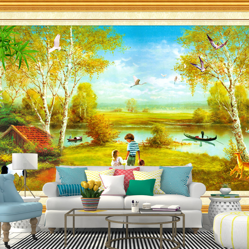 Customized Illustration Retro Wall Mural with A Trip to the Park Painting Pattern in Yellow-Green Clearhalo 'Wall Decor' 'Wall Mural' 1172671