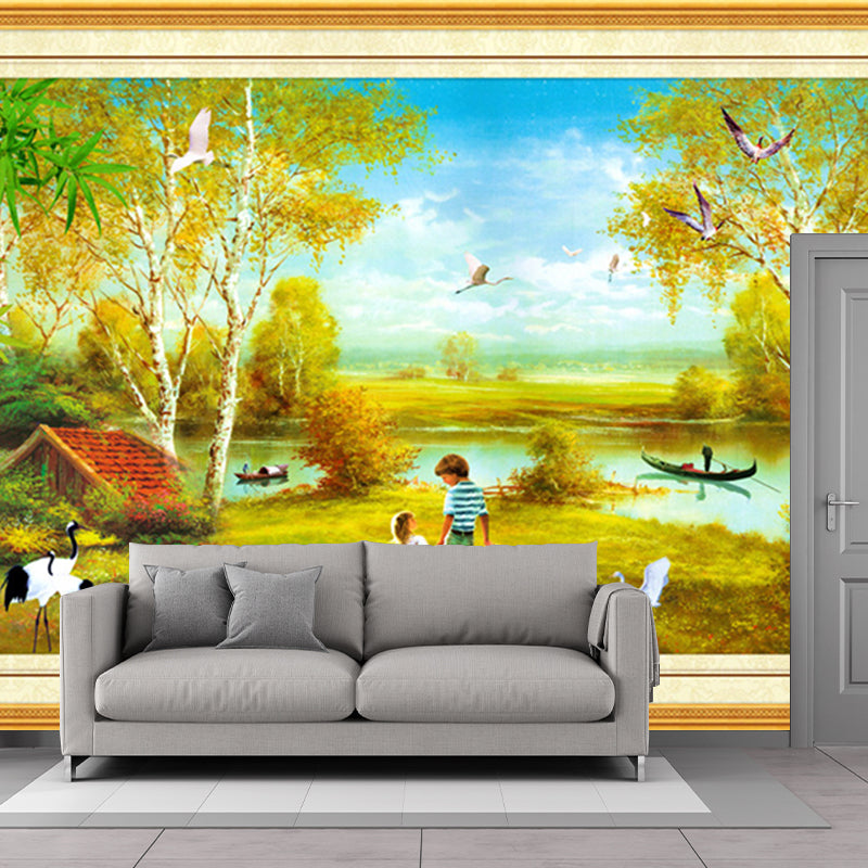 Customized Illustration Retro Wall Mural with A Trip to the Park Painting Pattern in Yellow-Green Clearhalo 'Wall Decor' 'Wall Mural' 1172672