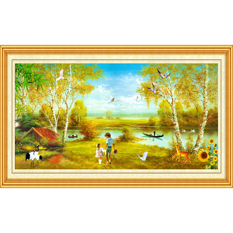 Customized Illustration Retro Wall Mural with A Trip to the Park Painting Pattern in Yellow-Green Clearhalo 'Wall Decor' 'Wall Mural' 1172673