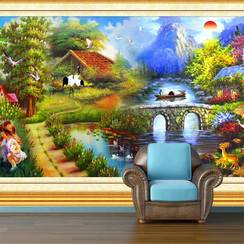 Classic Scenery Wonderland Painting Mural Blue-Green Stain Resistant Wall Decor for Child Room Blue-Green Clearhalo 'Wall Decor' 'Wall Mural' 1172680