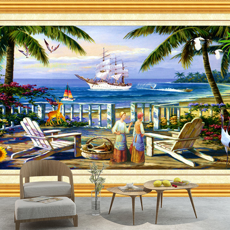 Retro Coastal Town Painting Murals for Living Room Customized Wall Covering in Blue and Green Blue-Green Clearhalo 'Wall Decor' 'Wall Mural' 1172690