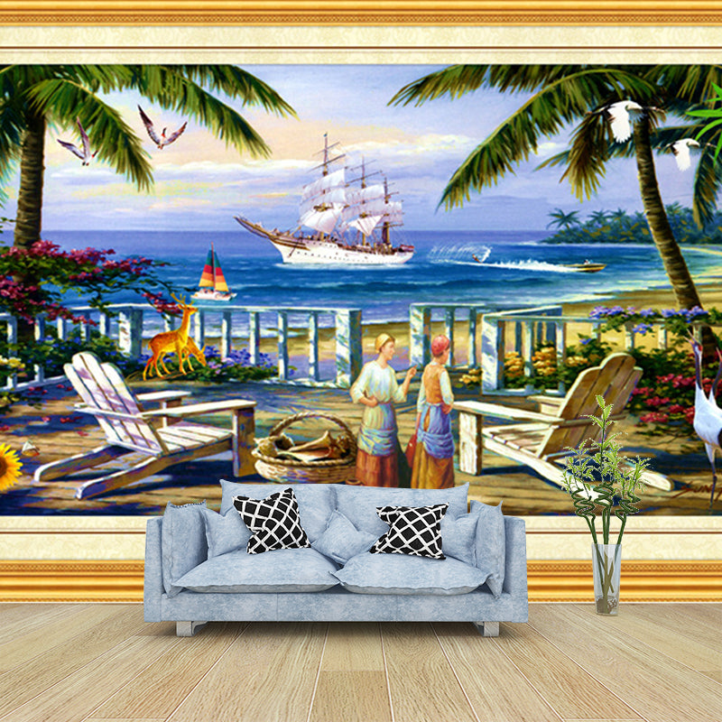 Retro Coastal Town Painting Murals for Living Room Customized Wall Covering in Blue and Green Clearhalo 'Wall Decor' 'Wall Mural' 1172691