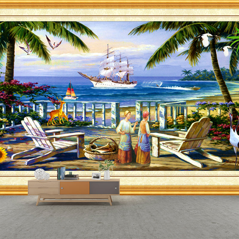 Retro Coastal Town Painting Murals for Living Room Customized Wall Covering in Blue and Green Clearhalo 'Wall Decor' 'Wall Mural' 1172692