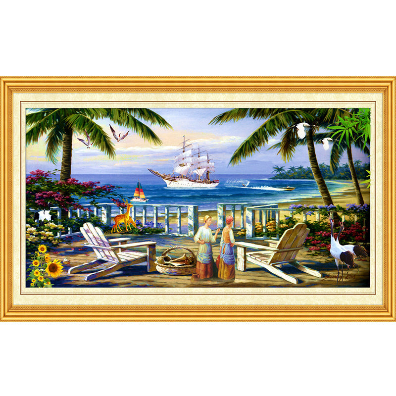 Retro Coastal Town Painting Murals for Living Room Customized Wall Covering in Blue and Green Clearhalo 'Wall Decor' 'Wall Mural' 1172693