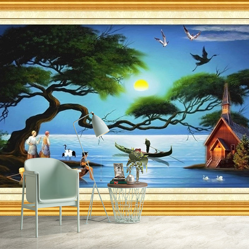 Tropica Night Fishing Mural Wallpaper Blue and Green Stain Resistant Wall Art for Bedroom Blue-Green Clearhalo 'Wall Decor' 'Wall Mural' 1172695
