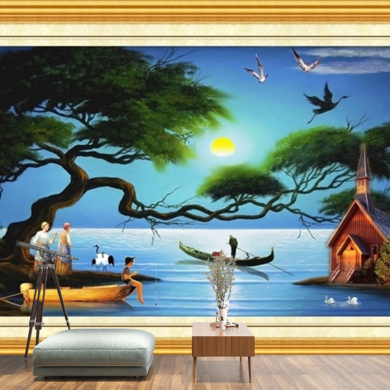 Tropica Night Fishing Mural Wallpaper Blue and Green Stain Resistant Wall Art for Bedroom Clearhalo 'Wall Decor' 'Wall Mural' 1172696