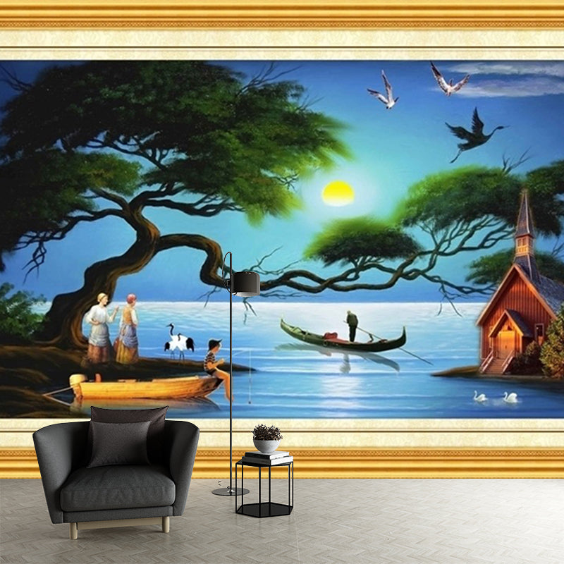 Tropica Night Fishing Mural Wallpaper Blue and Green Stain Resistant Wall Art for Bedroom Clearhalo 'Wall Decor' 'Wall Mural' 1172697