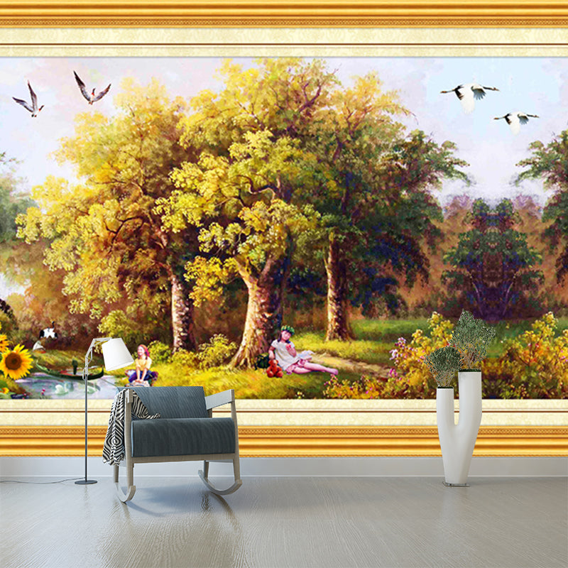 Illustration Scenic Murals Tropical Picnics in the Forest Wall Decor in Yellow-Green Yellow-Green Clearhalo 'Wall Decor' 'Wall Mural' 1172700