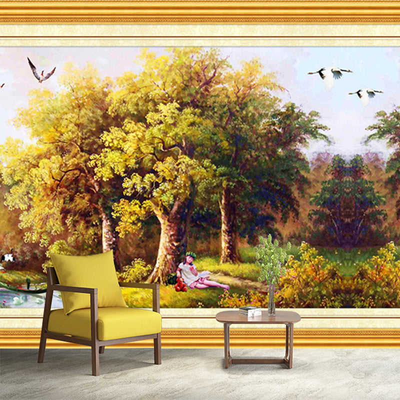 Illustration Scenic Murals Tropical Picnics in the Forest Wall Decor in Yellow-Green Clearhalo 'Wall Decor' 'Wall Mural' 1172701