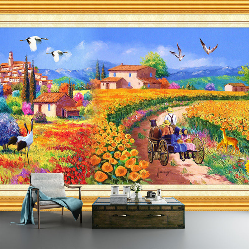 Artistic Flower Field Murals for Accent Wall Custom Size Wall Covering in Blue-Yellow Blue-Yellow Clearhalo 'Wall Decor' 'Wall Mural' 1172705