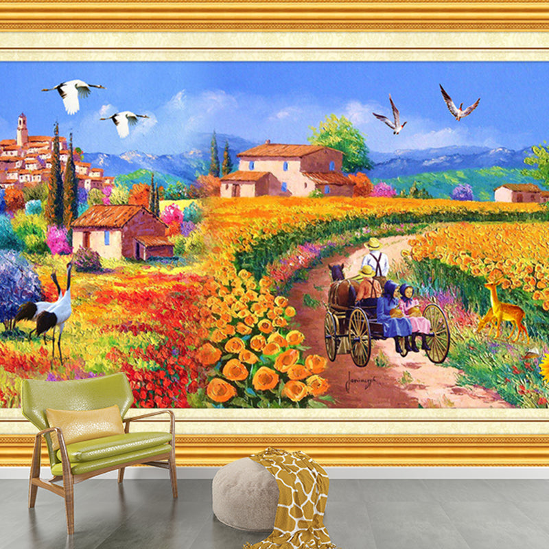 Artistic Flower Field Murals for Accent Wall Custom Size Wall Covering in Blue-Yellow Clearhalo 'Wall Decor' 'Wall Mural' 1172706