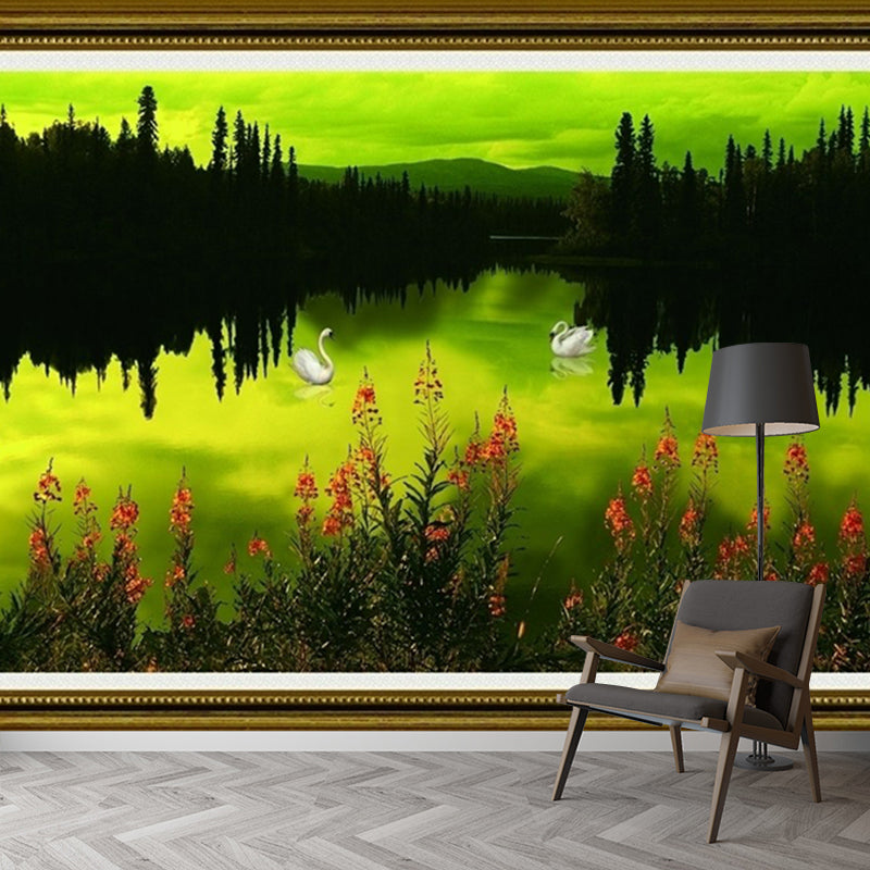 Lake Reflection at Dusk Mural Black-Green Art Deco Wall Covering for Living Room Black-Green Clearhalo 'Wall Decor' 'Wall Mural' 1172710