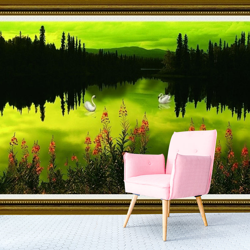 Lake Reflection at Dusk Mural Black-Green Art Deco Wall Covering for Living Room Clearhalo 'Wall Decor' 'Wall Mural' 1172711