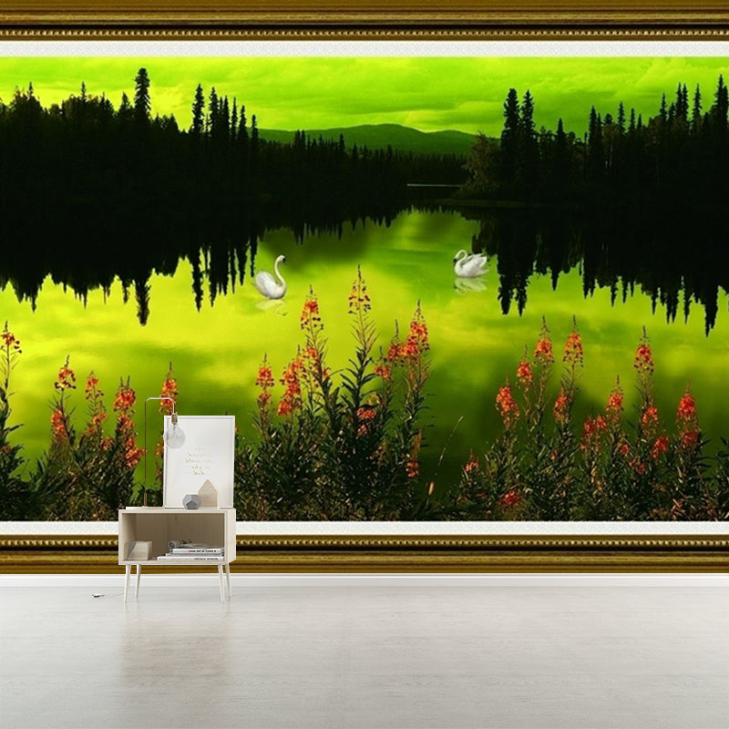 Lake Reflection at Dusk Mural Black-Green Art Deco Wall Covering for Living Room Clearhalo 'Wall Decor' 'Wall Mural' 1172712