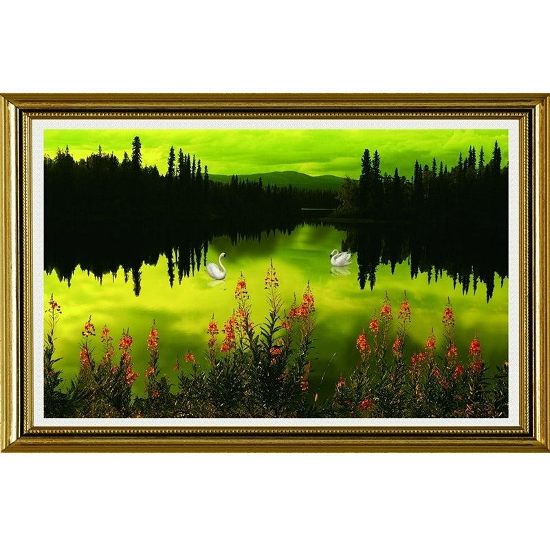 Lake Reflection at Dusk Mural Black-Green Art Deco Wall Covering for Living Room Clearhalo 'Wall Decor' 'Wall Mural' 1172713