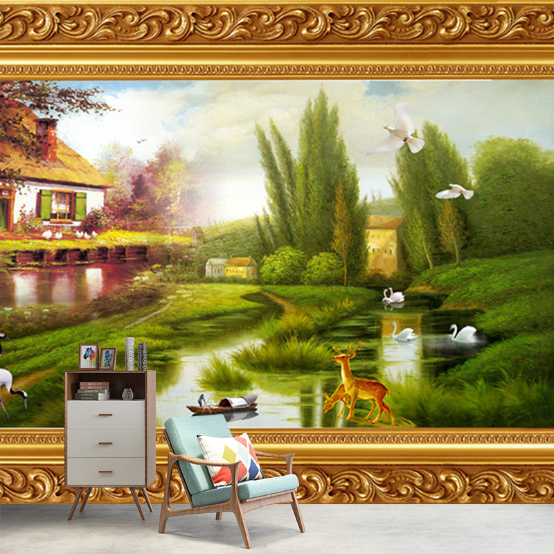 Country Scene Wall Covering Mural Green Moisture Resistant Wall Art for Living Room, Size Optional Green Clearhalo 'Wall Decor' 'Wall Mural' 1172720