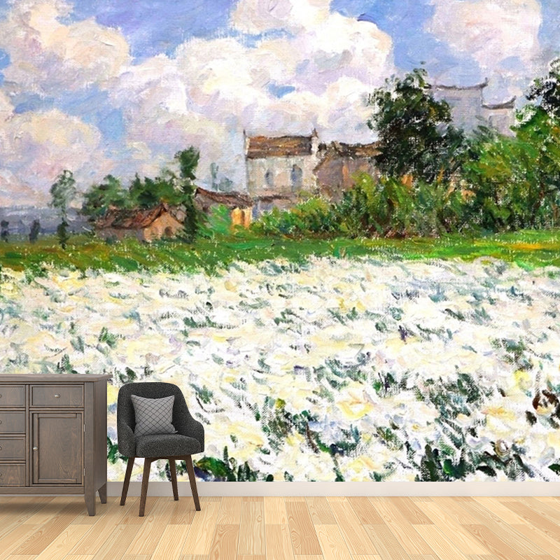 Classic Countryside Flowers Wall Mural Blue-Yellow-Green Drawing Room Wall Decoration Clearhalo 'Wall Decor' 'Wall Mural' 1172741