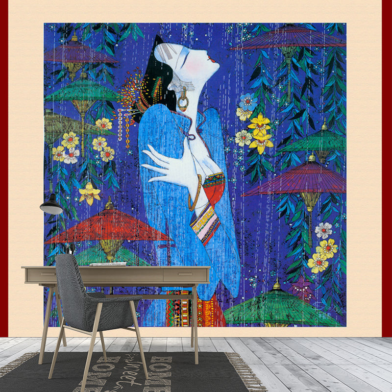 Picasso Style Asian Woman Mural Blue-Green Classical Wall Covering for Living Room Blue-Green Clearhalo 'Wall Decor' 'Wall Mural' 1172745