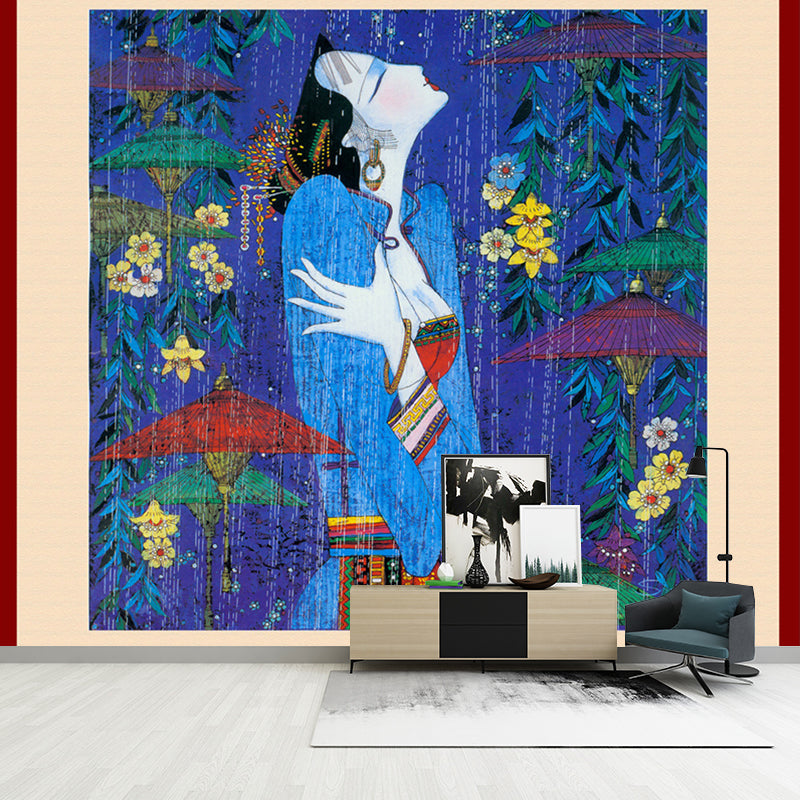 Picasso Style Asian Woman Mural Blue-Green Classical Wall Covering for Living Room Clearhalo 'Wall Decor' 'Wall Mural' 1172746