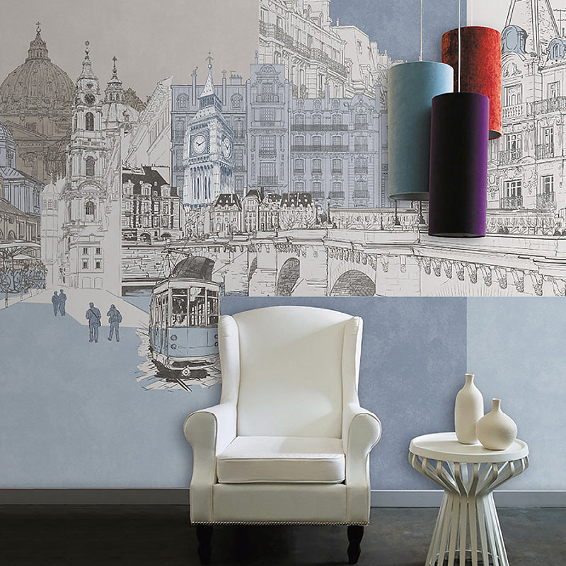 London Cityscape Mural Wallpaper Urban Non-Woven Material Wall Art in Light Blue-White Light Blue-White Clearhalo 'Wall Decor' 'Wall Mural' 1172785