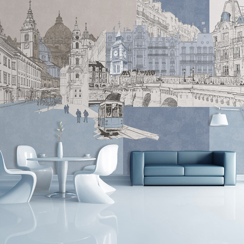 London Cityscape Mural Wallpaper Urban Non-Woven Material Wall Art in Light Blue-White Clearhalo 'Wall Decor' 'Wall Mural' 1172786