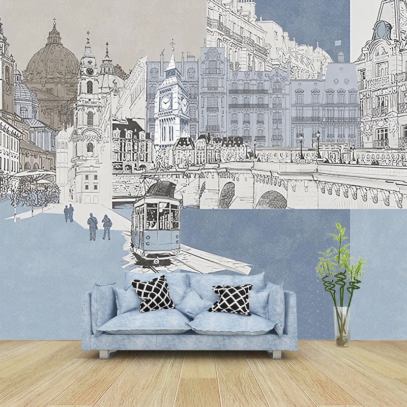 London Cityscape Mural Wallpaper Urban Non-Woven Material Wall Art in Light Blue-White Clearhalo 'Wall Decor' 'Wall Mural' 1172787