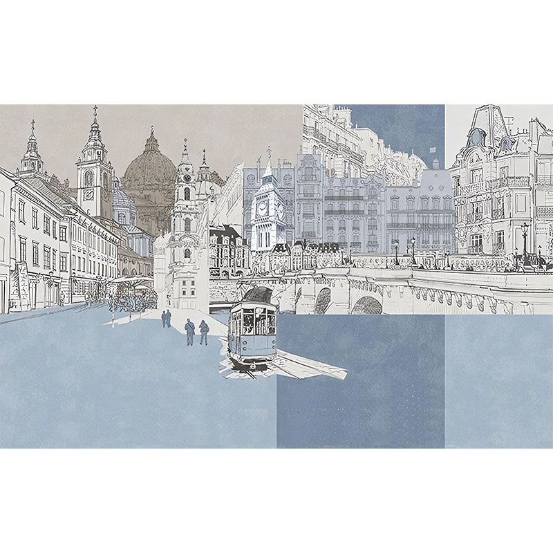 London Cityscape Mural Wallpaper Urban Non-Woven Material Wall Art in Light Blue-White Clearhalo 'Wall Decor' 'Wall Mural' 1172788