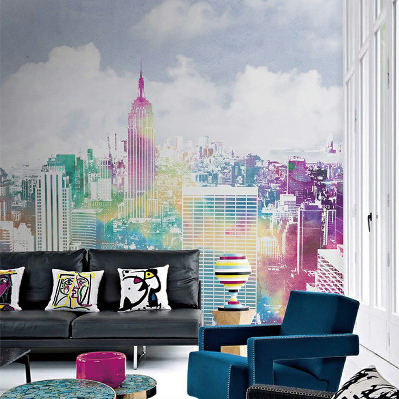 Urban Manhattan City View Murals Blue-Purple Moisture Resistant Wall Art for Living Room Blue-Purple Clearhalo 'Wall Decor' 'Wall Mural' 1172795