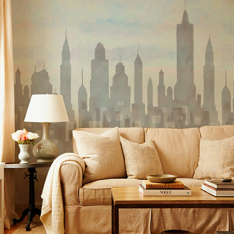 Grey-Blue City Silhouette Mural Architectural Modern Waterproof Wall Art for Living Room Gray-Blue Clearhalo 'Wall Decor' 'Wall Mural' 1172805