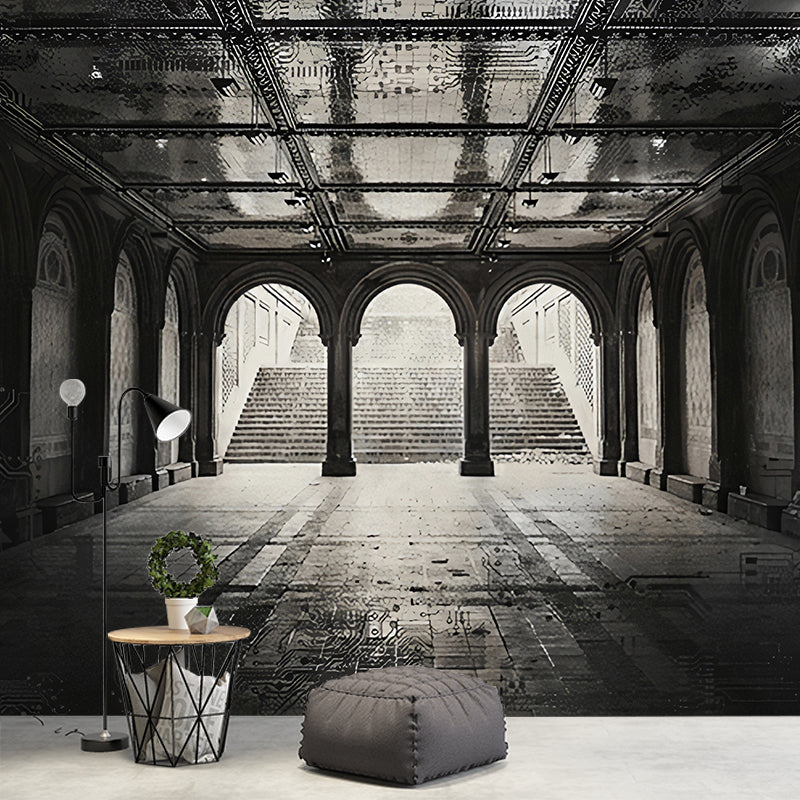 Palace Walkway Wallpaper Mural Black and White Nostalgic Wall Covering for Dining Room Clearhalo 'Wall Decor' 'Wall Mural' 1172812