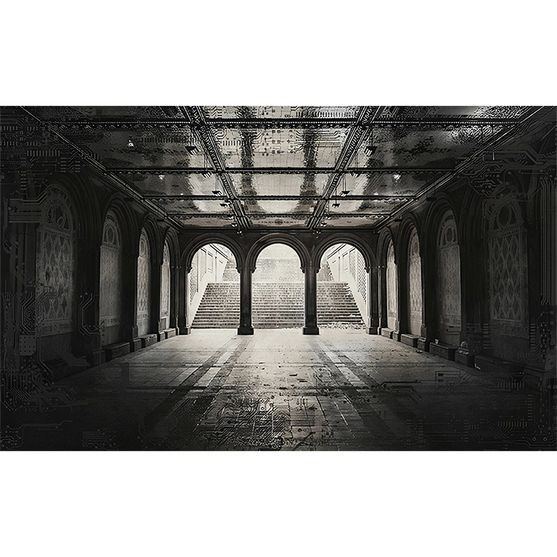 Palace Walkway Wallpaper Mural Black and White Nostalgic Wall Covering for Dining Room Clearhalo 'Wall Decor' 'Wall Mural' 1172813