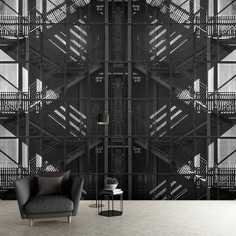 Custom Photo Print Steampunk Murals with Iron Stairs Pattern in Grey and Black for Walls Clearhalo 'Wall Decor' 'Wall Mural' 1172822