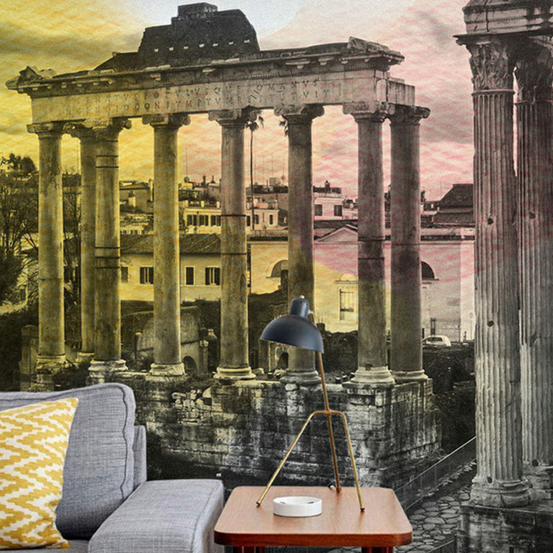 Roman Relics Construction Mural Nostalgic Smooth Wall Covering in Grey and Yellow Gray-Yellow Clearhalo 'Wall Decor' 'Wall Mural' 1172830