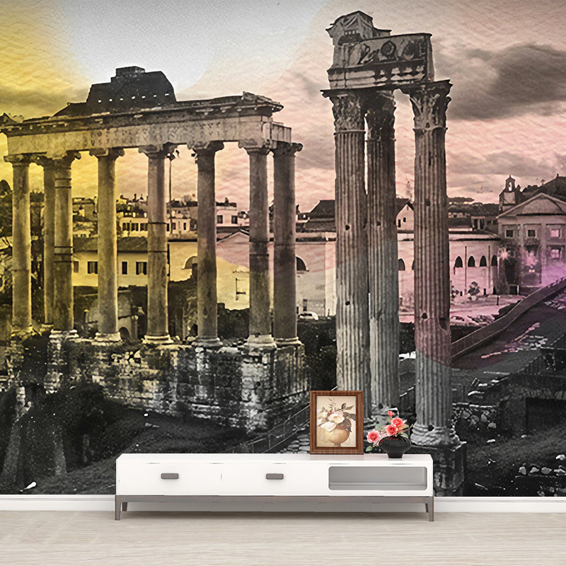 Roman Relics Construction Mural Nostalgic Smooth Wall Covering in Grey and Yellow Clearhalo 'Wall Decor' 'Wall Mural' 1172831