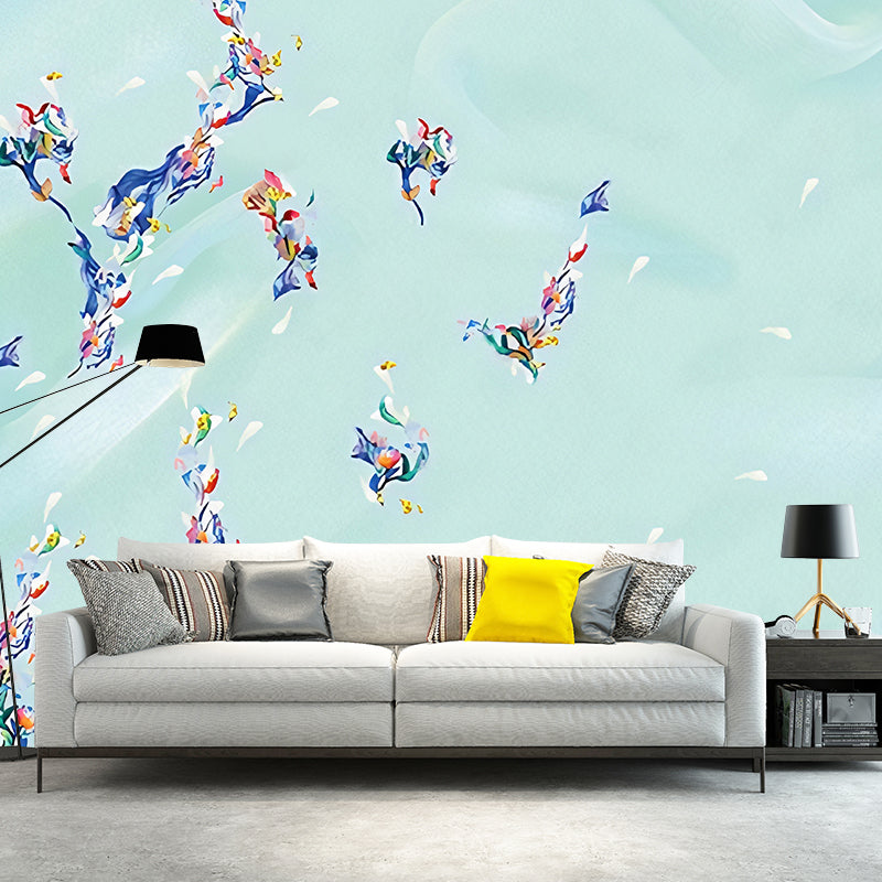 Illustration Floral Print Murals Wallpaper for Bedroom, Blue, Custom Size Available Clearhalo 'Wall Decor' 'Wall Mural' 1172866