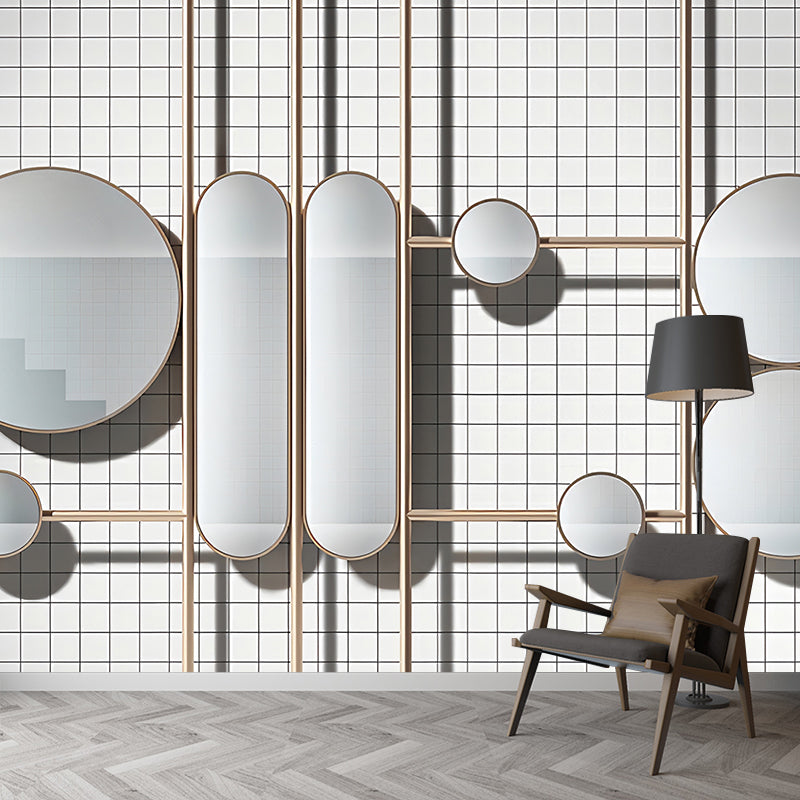 Mirror and Grid Wall Murals White Modernist Wall Covering for Living Room Decoration Clearhalo 'Wall Decor' 'Wall Mural' 1172872