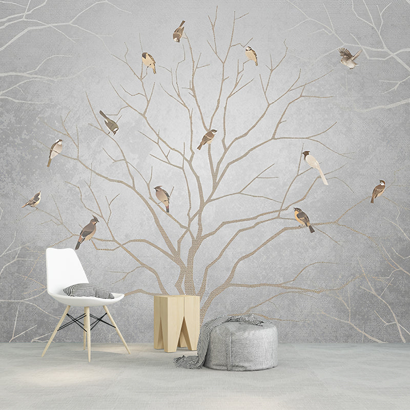 Waterproof Wallpaper Murals Minimalistic Non-Woven Wall Art with Birds and Bare Tree Pattern Clearhalo 'Wall Decor' 'Wall Mural' 1172886