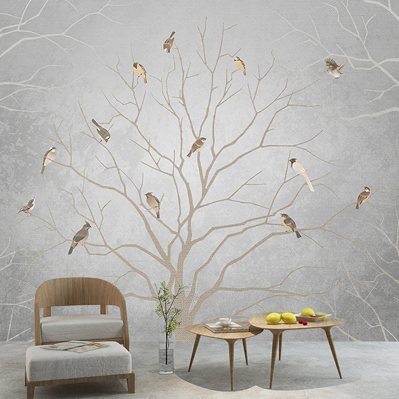 Waterproof Wallpaper Murals Minimalistic Non-Woven Wall Art with Birds and Bare Tree Pattern Clearhalo 'Wall Decor' 'Wall Mural' 1172887