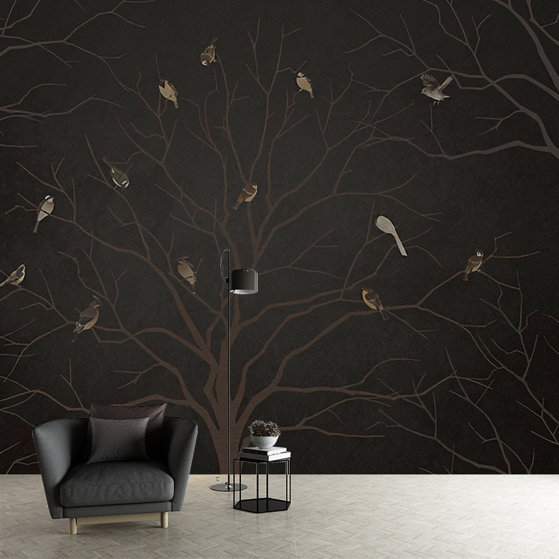 Waterproof Wallpaper Murals Minimalistic Non-Woven Wall Art with Birds and Bare Tree Pattern Clearhalo 'Wall Decor' 'Wall Mural' 1172892