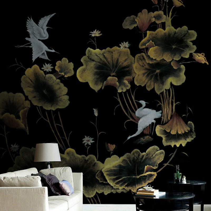 Lotus Field and Halcyon Murals Chinoiserie Waterproof Bedroom Wall Covering, Custom Made Clearhalo 'Wall Decor' 'Wall Mural' 1172896