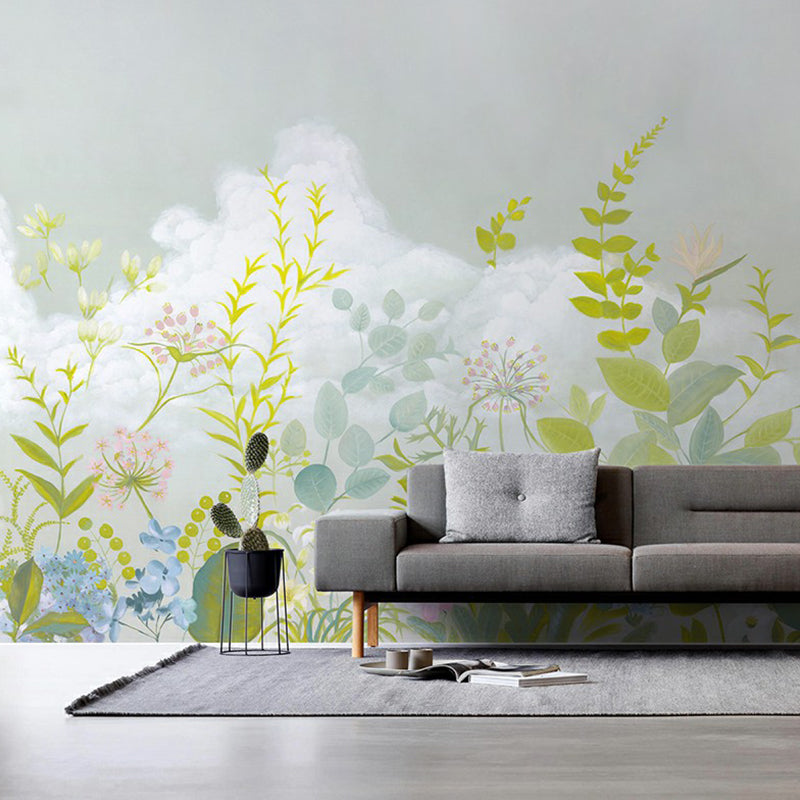 Whole Modern Wallpaper Mural Light-Green Leaf and Cloud Pattern Wall Covering, Custom Print Clearhalo 'Wall Decor' 'Wall Mural' 1172921