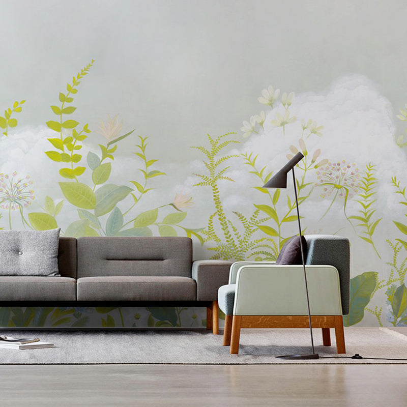 Whole Modern Wallpaper Mural Light-Green Leaf and Cloud Pattern Wall Covering, Custom Print Clearhalo 'Wall Decor' 'Wall Mural' 1172922