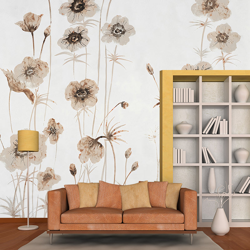 Light Coffee Wildflower Murals Stain Resistant Wall Covering for Bedroom, Non-Woven Fabric Light Coffee Clearhalo 'Wall Decor' 'Wall Mural' 1172925