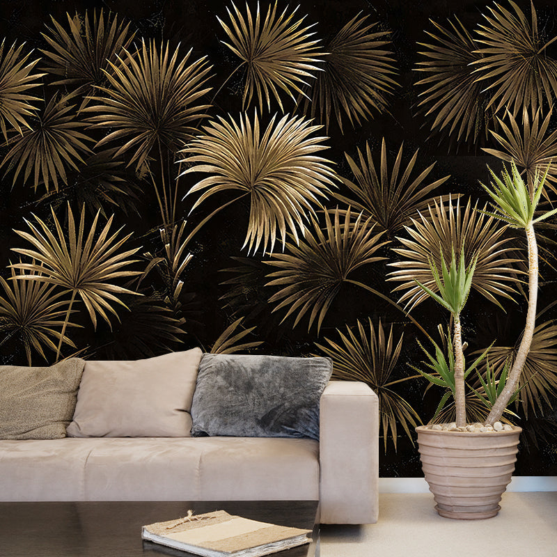 Tropical Plant Fern Leaves Mural Gold and Black Waterproof Wall Decor for Living Room Gold-Black Clearhalo 'Wall Decor' 'Wall Mural' 1172930