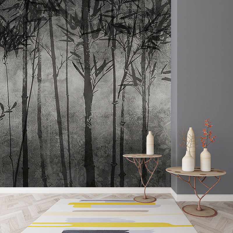 Asia Night Bamboo Forest Murals Grey and Black Dining Room Wall Art, Size Optional Clearhalo 'Wall Decor' 'Wall Mural' 1172936