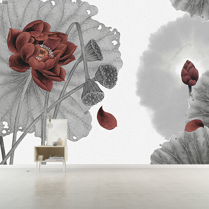 Lotus Print Murals Wallpaper Grey and Red Asian Style Wall Covering for Bedroom Decor Clearhalo 'Wall Decor' 'Wall Mural' 1172976