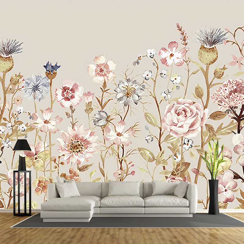Watercolour Flower Wall Murals Orange Countryside Wall Art for Bedroom, Non-Woven Material Clearhalo 'Wall Decor' 'Wall Mural' 1172992