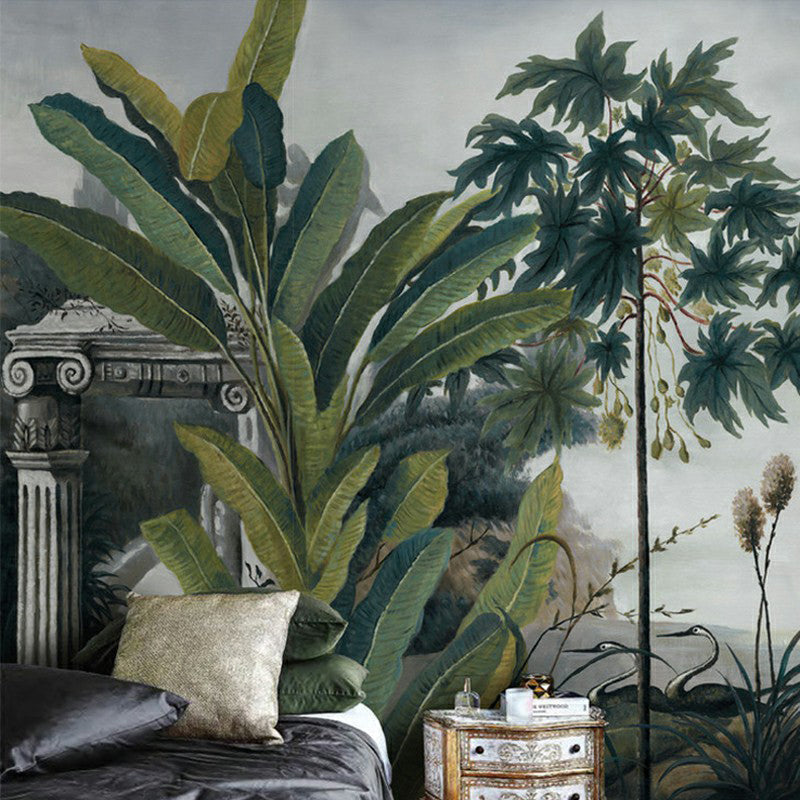 Whole Illustration Tropical Murals with Lakeside Scenery Pattern, Blackish Green Blackish Green Clearhalo 'Wall Decor' 'Wall Mural' 1173065